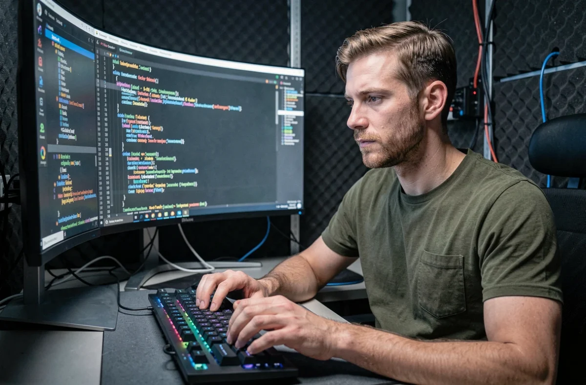Développeur de Kodeeus codant intensément sur un moniteur incurvé dans un environnement tech moderne