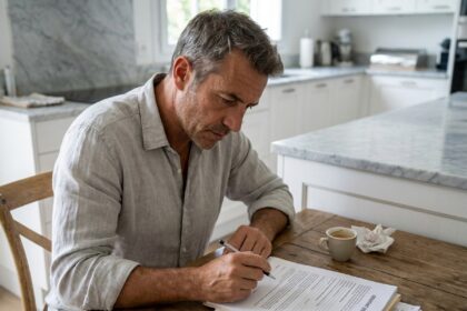 Homme lisant attentivement un contrat de télésurveillance à sa table de cuisine avant de signer