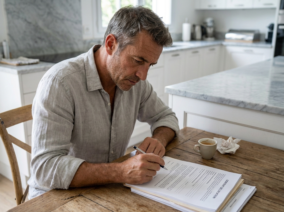 Homme lisant attentivement un contrat de télésurveillance à sa table de cuisine avant de signer