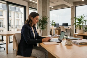Femme professionnelle travaillant dans un bureau moderne en open space à La Rochelle avec vue sur l'architecture locale