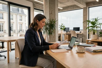 Femme professionnelle travaillant dans un bureau moderne en open space à La Rochelle avec vue sur l'architecture locale