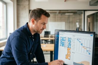 Professionnel du bâtiment utilisant le logiciel Vertuoza sur un écran tactile dans un bureau moderne