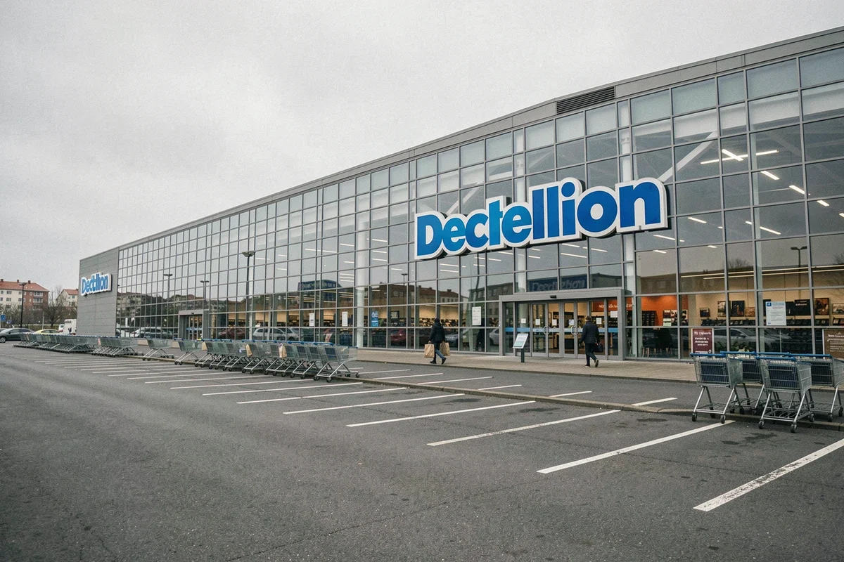 Façade extérieure d'un magasin Decathlon avec parking quasi vide, illustrant les rumeurs de fermeture en 2026