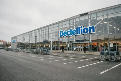 Façade extérieure d'un magasin Decathlon avec parking quasi vide, illustrant les rumeurs de fermeture en 2026