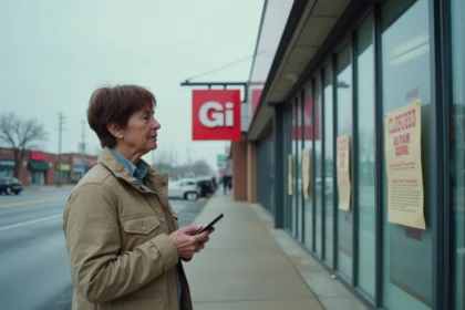 Femme devant un magasin GiFi en fermeture avec affichage de liquidation sur la devanture