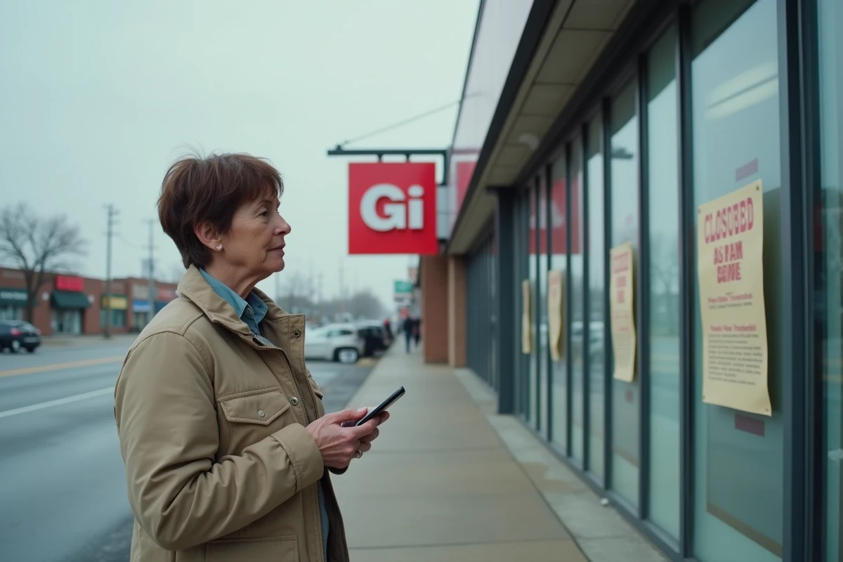 Femme devant un magasin GiFi en fermeture avec affichage de liquidation sur la devanture