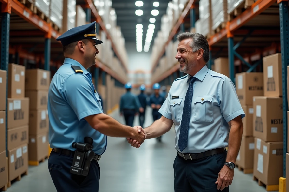 Homme d âge serrant la main d un agent de douane dans un entrepôt