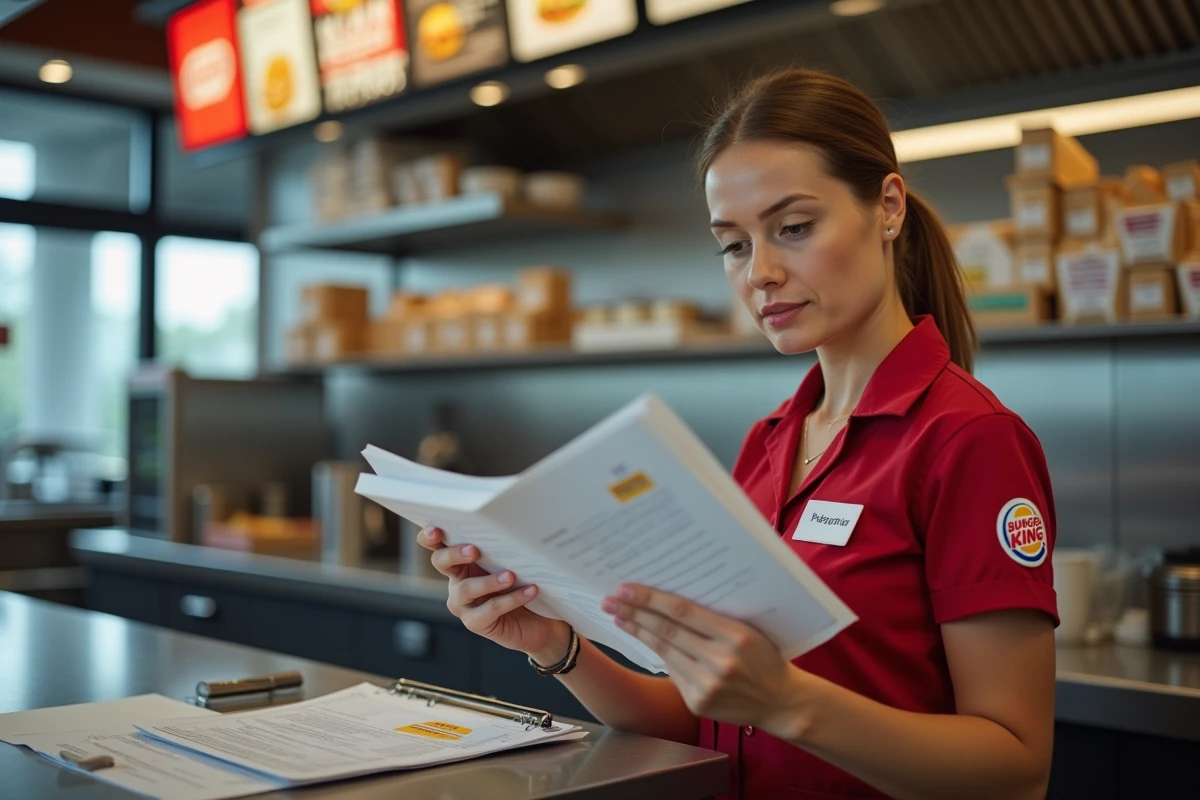 Manager Burger King analysant les retours clients sur un tableau de bord en restaurant