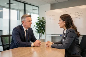 Manager et employée en réunion professionnelle sérieuse dans une salle de conférence moderne, illustrant un entretien disciplinaire encadré par le droit du travail