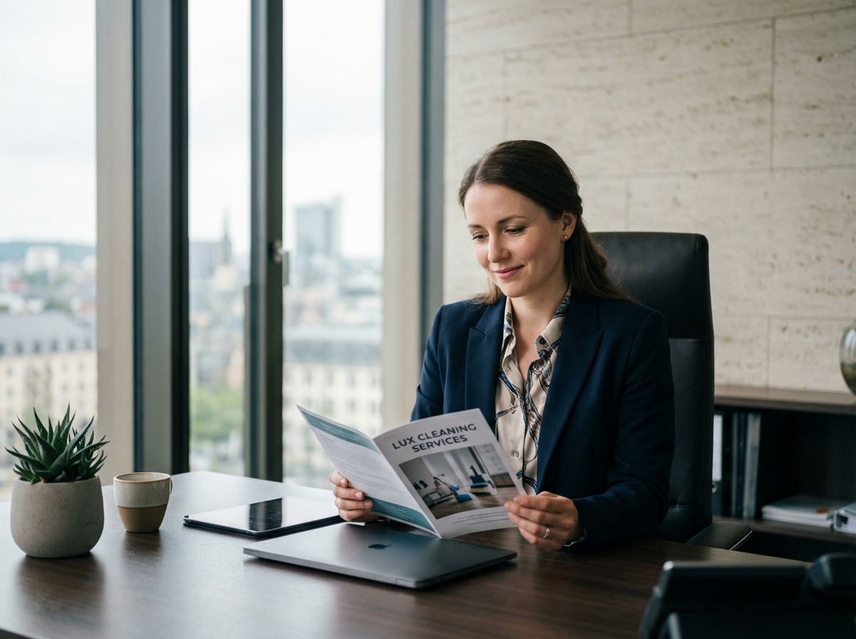 Manager RH regardant une brochure dans un bureau moderne