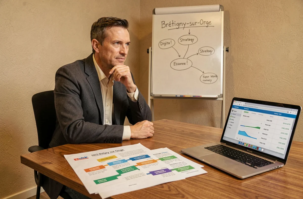 Consultant SEO et stratégie digitale de Mandragore Design près de Brétigny-sur-Orge présentant une feuille de route SEO lors d'une réunion client