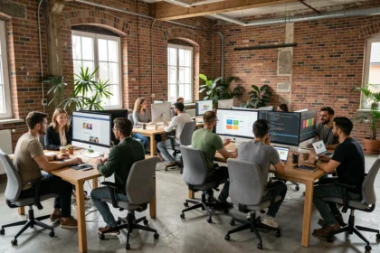 Équipe d'une agence web dans l'Aube travaillant sur des projets numériques dans un espace de travail moderne