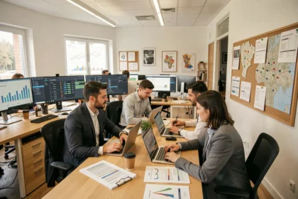 Vue d'ensemble d'un bureau de consultants SEO en Essonne avec des écrans affichant des analyses web et des stratégies digitales