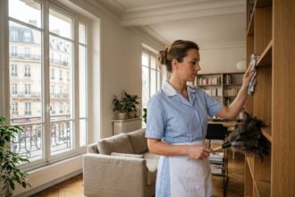 Employée de ménage professionnelle en uniforme bleu nettoyant les étagères d'un salon moderne à Courbevoie