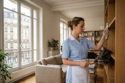 Employée de ménage professionnelle en uniforme bleu nettoyant les étagères d'un salon moderne à Courbevoie