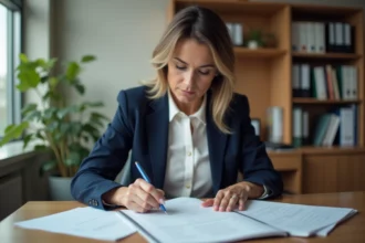 Femme préparant des documents pour modifier les statuts d'une association à son bureau professionnel