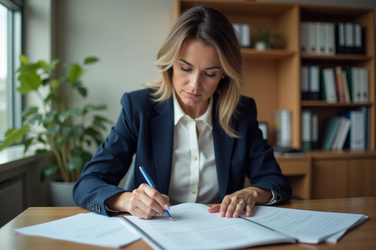 Femme préparant des documents pour modifier les statuts d'une association à son bureau professionnel