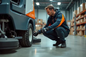 Coureur motocross vérifiant la pression des pneus dans un entrepôt