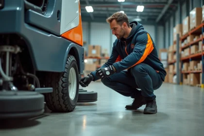 Coureur motocross vérifiant la pression des pneus dans un entrepôt