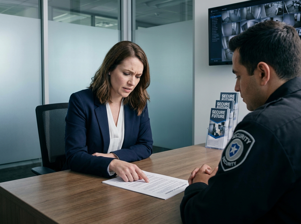 Femme en négociation avec un conseiller en télésurveillance avant la signature du contrat dans un bureau professionnel