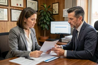 Femme cadre négociant sa rémunération des heures de nuit avec un responsable RH dans un bureau professionnel