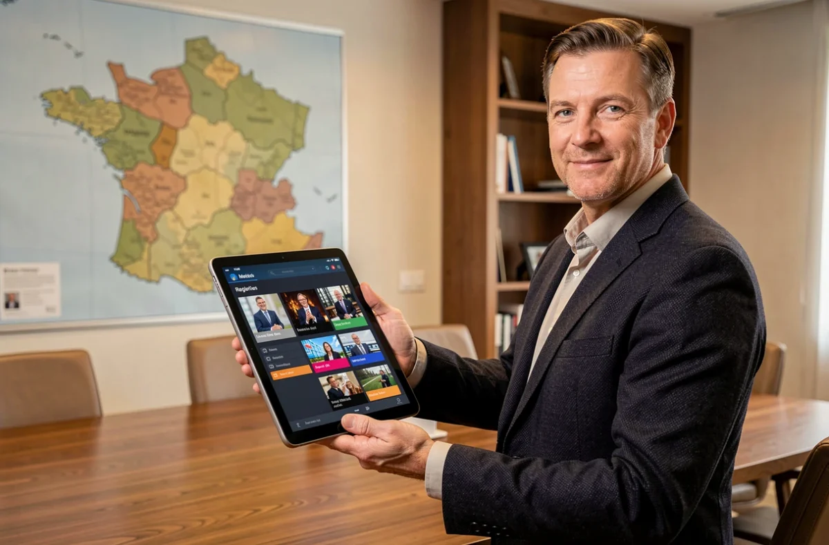 Consultant de NRJ Global Régions avec une tablette affichant des données médias régionales dans un bureau