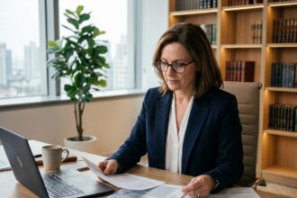 Professionnelle libérale en blazer marine examinant des documents fiscaux sur un bureau en bois dans un cabinet moderne