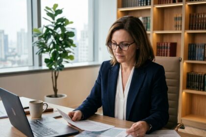 Professionnelle libérale en blazer marine examinant des documents fiscaux sur un bureau en bois dans un cabinet moderne