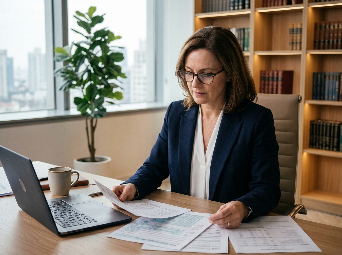 Professionnelle libérale en blazer marine examinant des documents fiscaux sur un bureau en bois dans un cabinet moderne