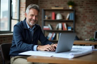 Homme d'âge moyen en bureau avec plans et ordinateur