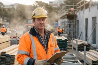 Ouvrier de construction en tenue de sécurité sur un chantier