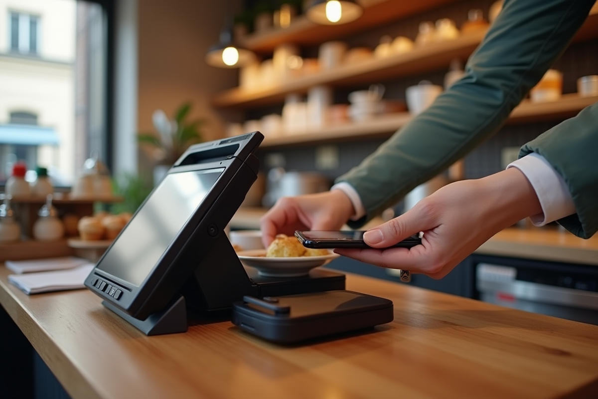 Paiement sans contact avec smartphone dans un café parisien tendance