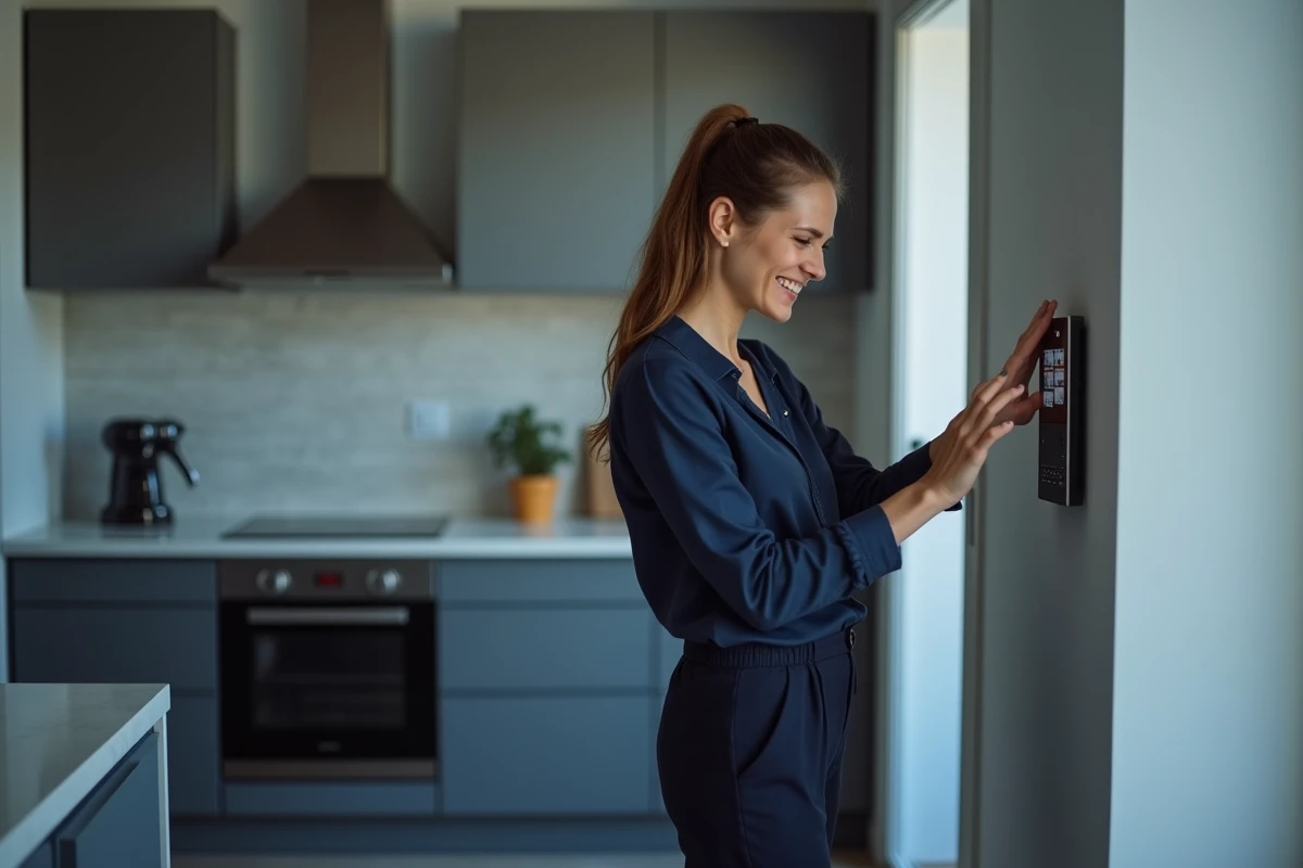 Femme interagissant avec un panneau de contrôle domotique intelligent dans une cuisine moderne