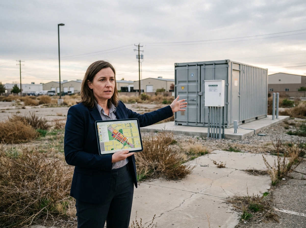 Urbaniste présentant le potentiel foncier d'une parcelle pour accueillir un système de stockage d'énergie par batterie