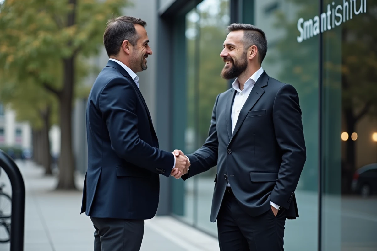 Deux cadres du réseau Groupe SYD scellant un partenariat tech devant un immeuble moderne en ville française
