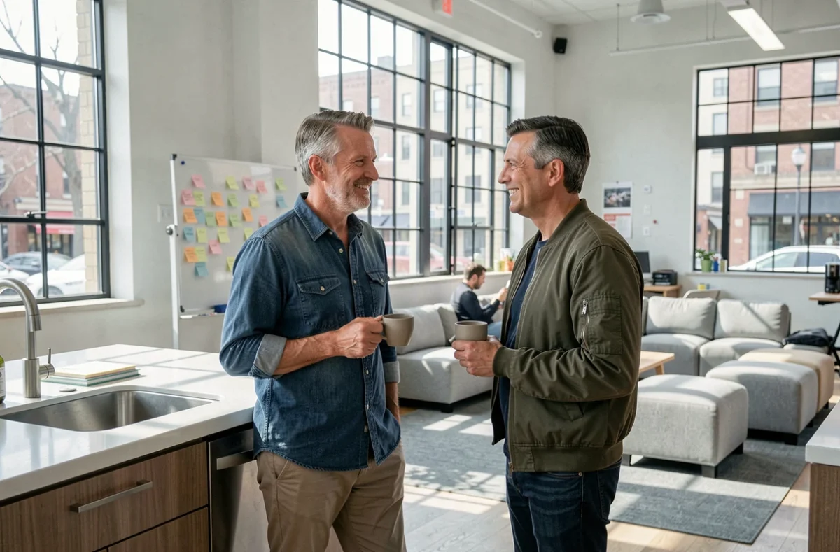 Deux professionnels en pause café dans la cuisine commune d'un espace de coworking lumineux avec vue sur la rue