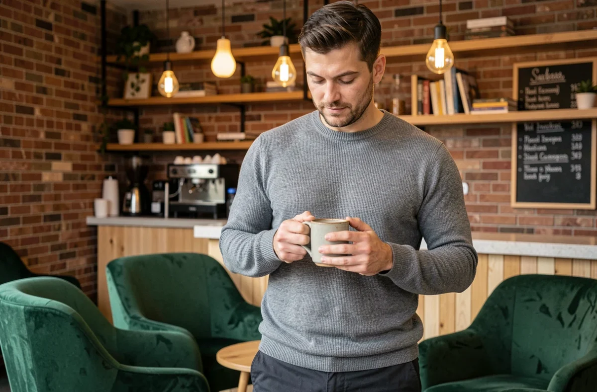 Homme en pause café dans la zone lounge d'un espace de coworking chaleureux à Montigny-le-Bretonneux