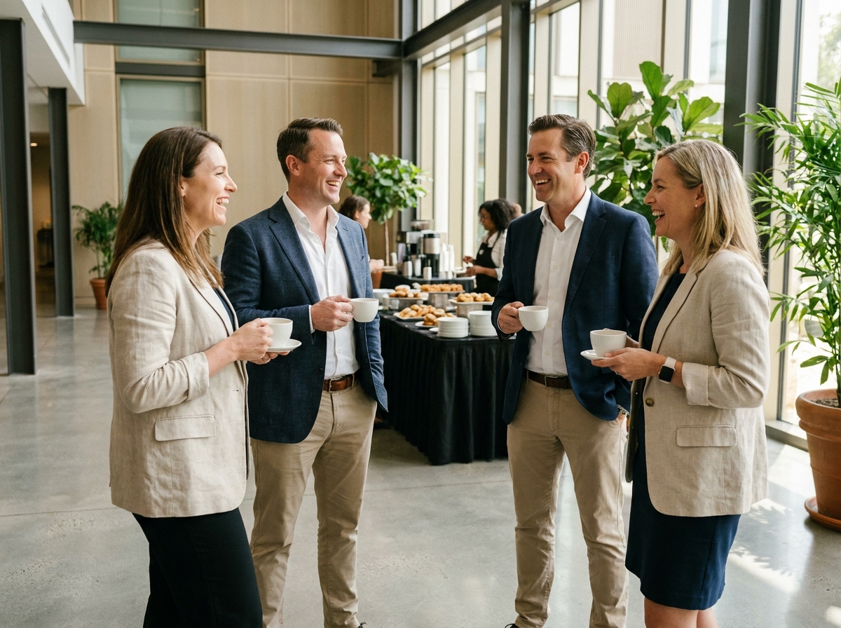 Participants d'un séminaire d'entreprise en pause networking autour d'un café dans un espace moderne