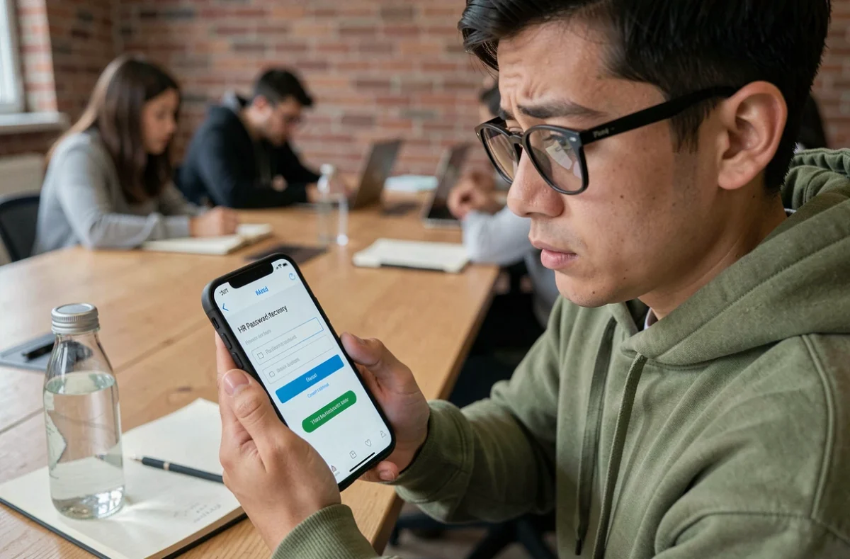 Personne utilisant un smartphone pour récupérer son accès MyArkevia dans un espace de coworking