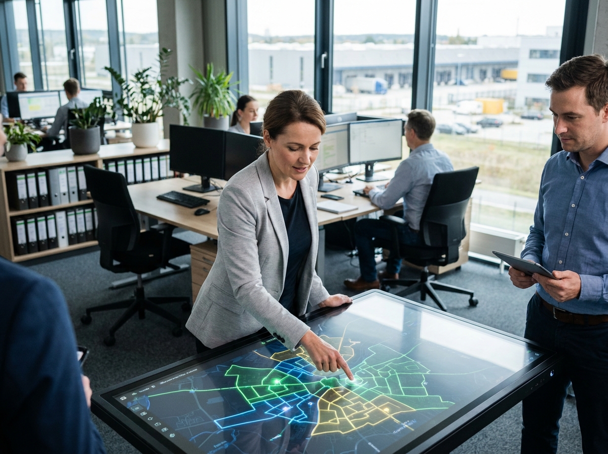 Coordinatrice logistique et collègue qui planifient ensemble une tournée optimisée sur une table interactive numérique dans un bureau moderne