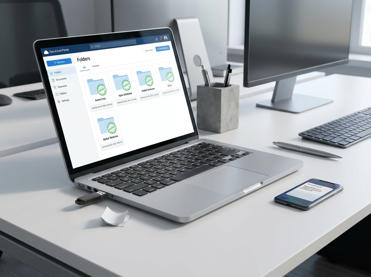 Vue rapprochée d'un bureau minimaliste avec ordinateur portable affichant une plateforme d'archivage automatique de dossiers clients signés électroniquement