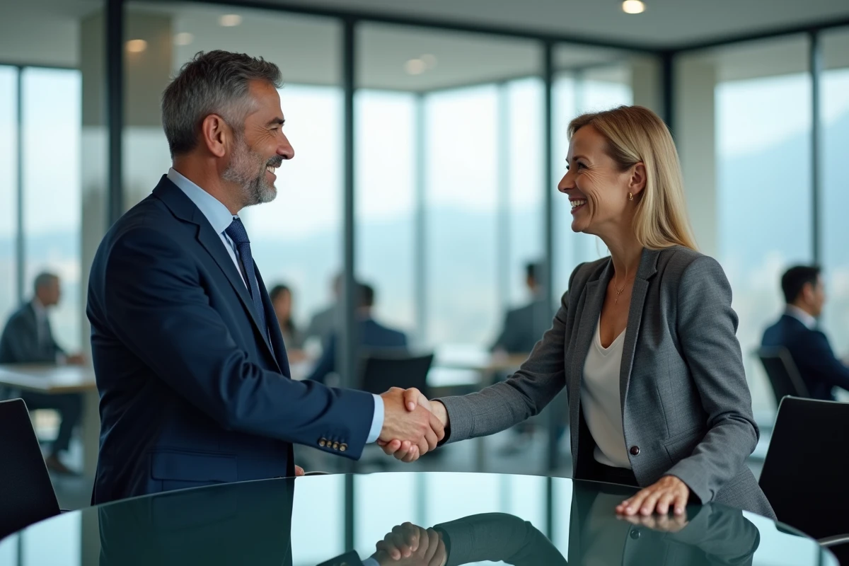 Deux professionnels se serrant la main lors d'une rencontre d'affaires réussie facilitée par une plateforme de mise en relation