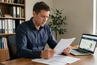 Un homme en portage salarial examine ses documents administratifs liés au chômage à son bureau à domicile