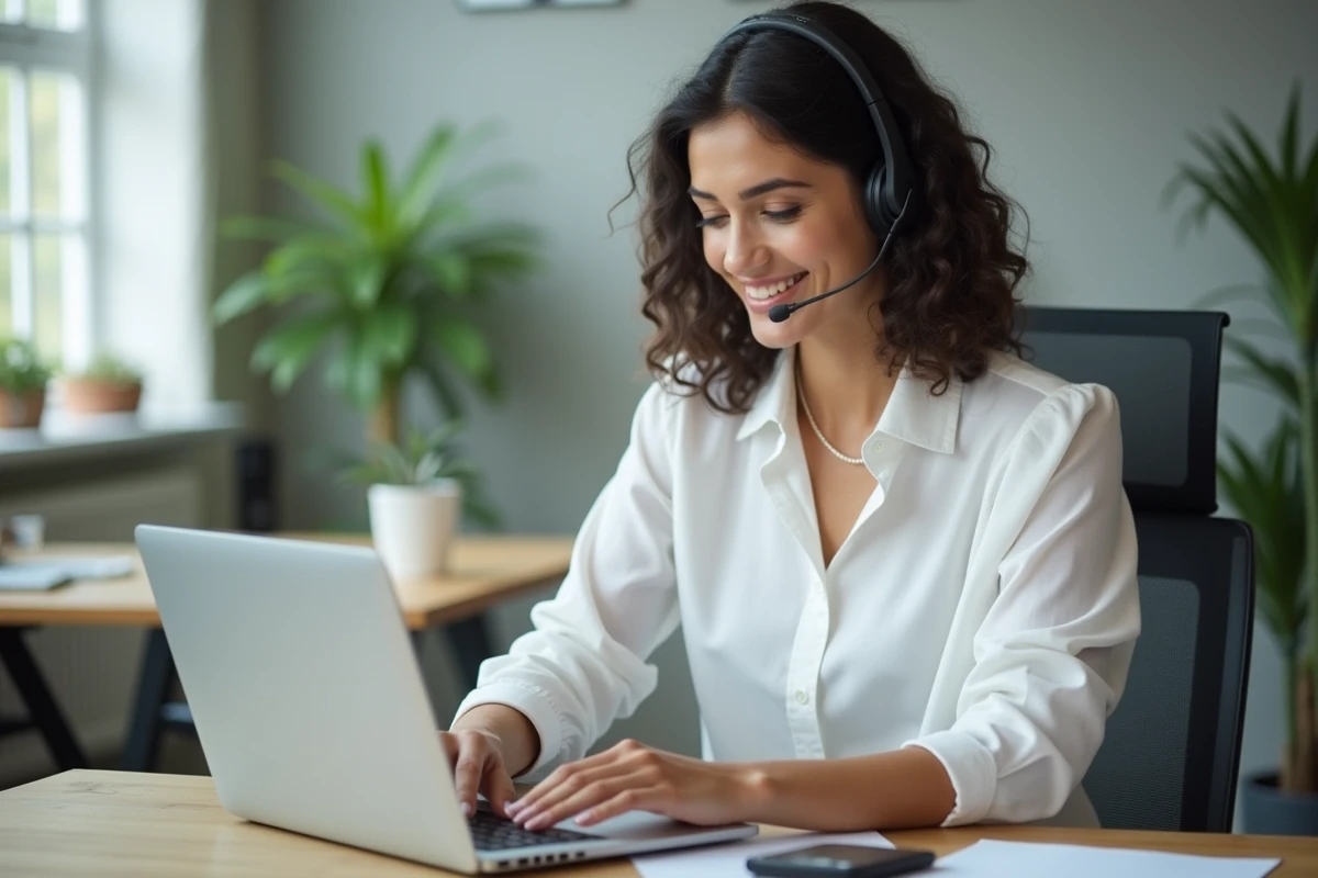 Jeune femme dans un espace de coworking préparant ses notes pour contacter le numéro de téléphone Backmarket