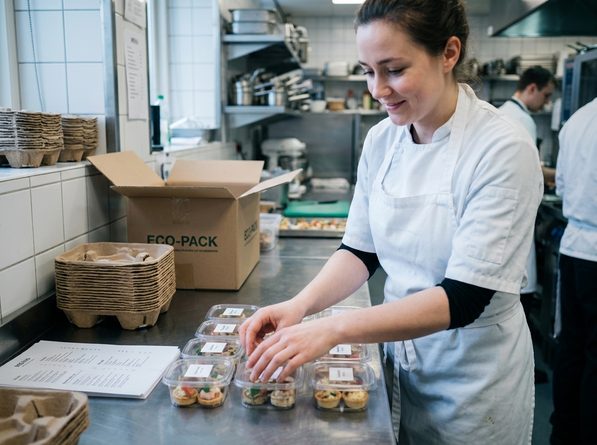 Assistante traiteur préparant des contenants de repas et des amuse-bouches pour un buffet d'entreprise dans une cuisine professionnelle