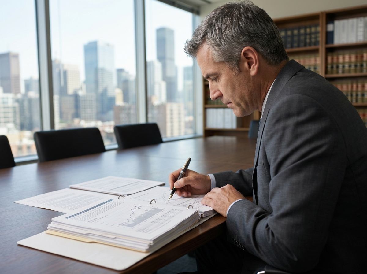 Chef d'entreprise quinquagénaire en costume charbon analysant des documents financiers dans une salle de réunion moderne avant la cession de son entreprise