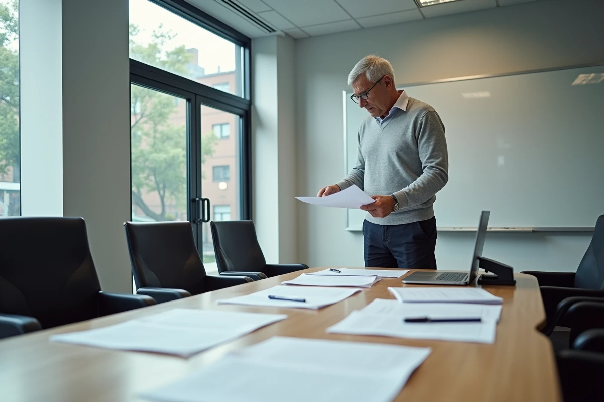 Homme consultant des documents officiels dans une salle de réunion pour préparer une modification de statuts associatifs