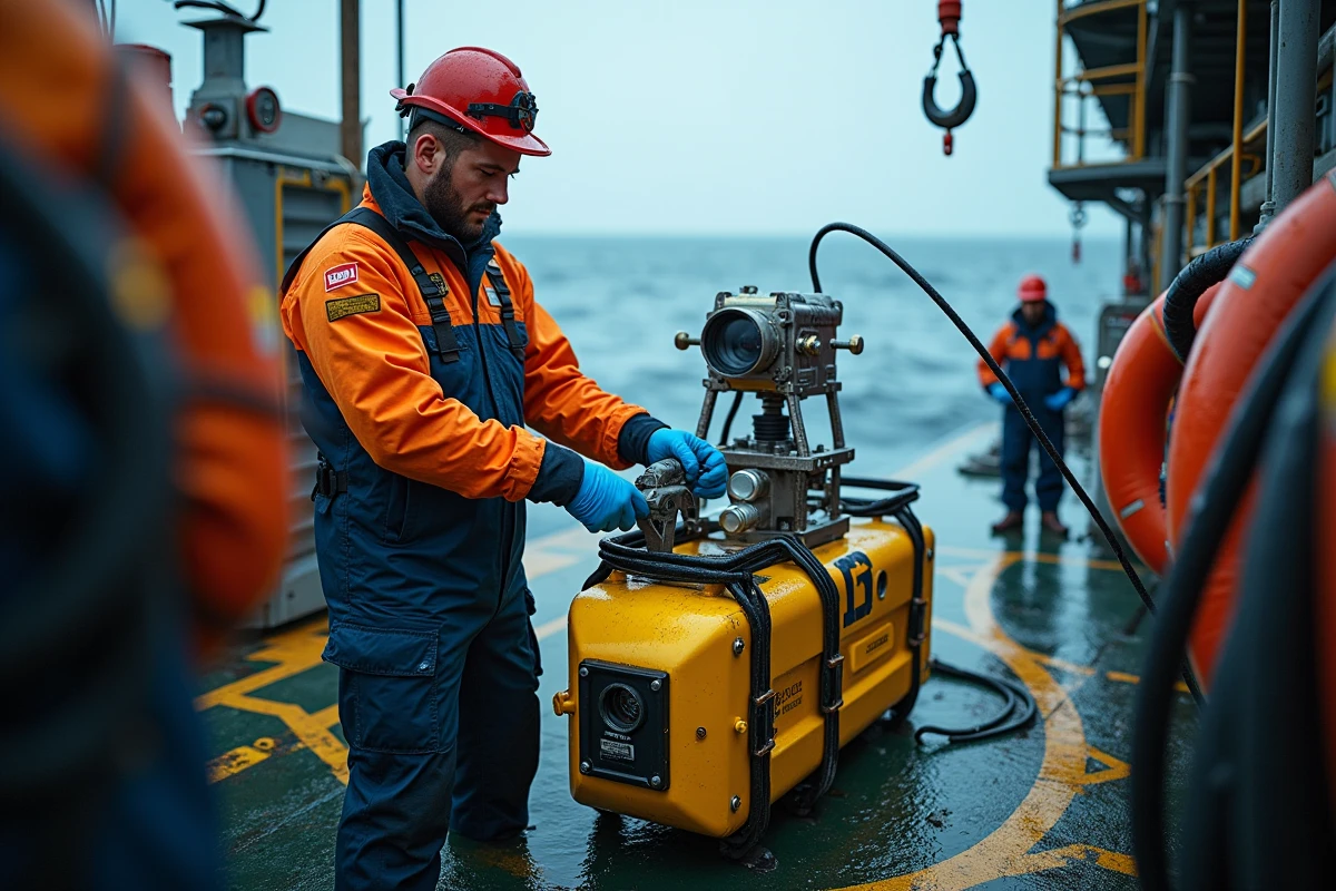 Techniciens préparant un ROV pour déploiement en eau profonde sur le pont d'un navire de forage offshore