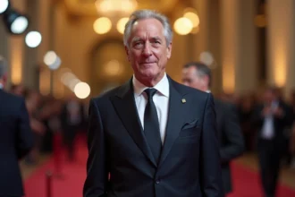 Producteur de cinéma élégant sur le tapis rouge d'une cérémonie de récompenses française de type César
