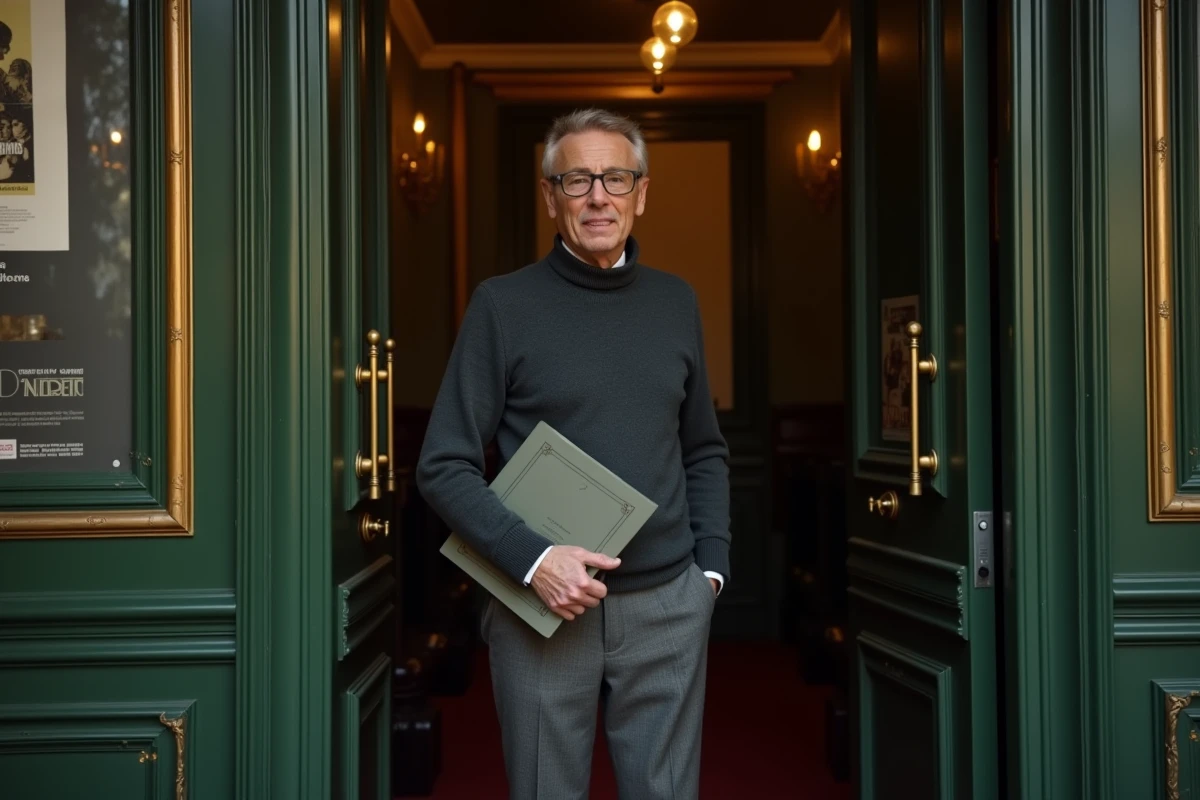 Producteur de cinéma devant l'entrée d'une salle de projection classique à Paris